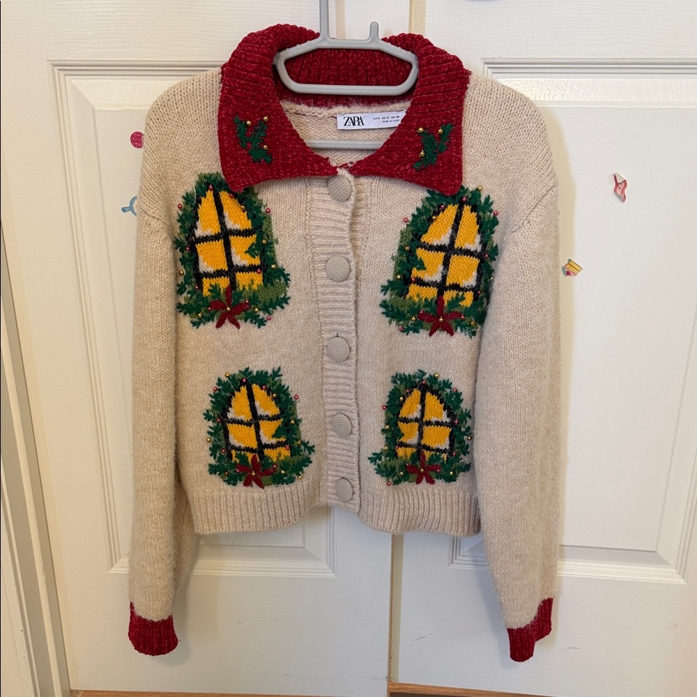Zara Beige Knit Cardigan with Red Collar and Wreath Window Embroidery